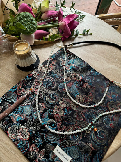 [Chinoiserie] Luxury Phoenix Tail Pearl Beaded Tassel Silk Bag