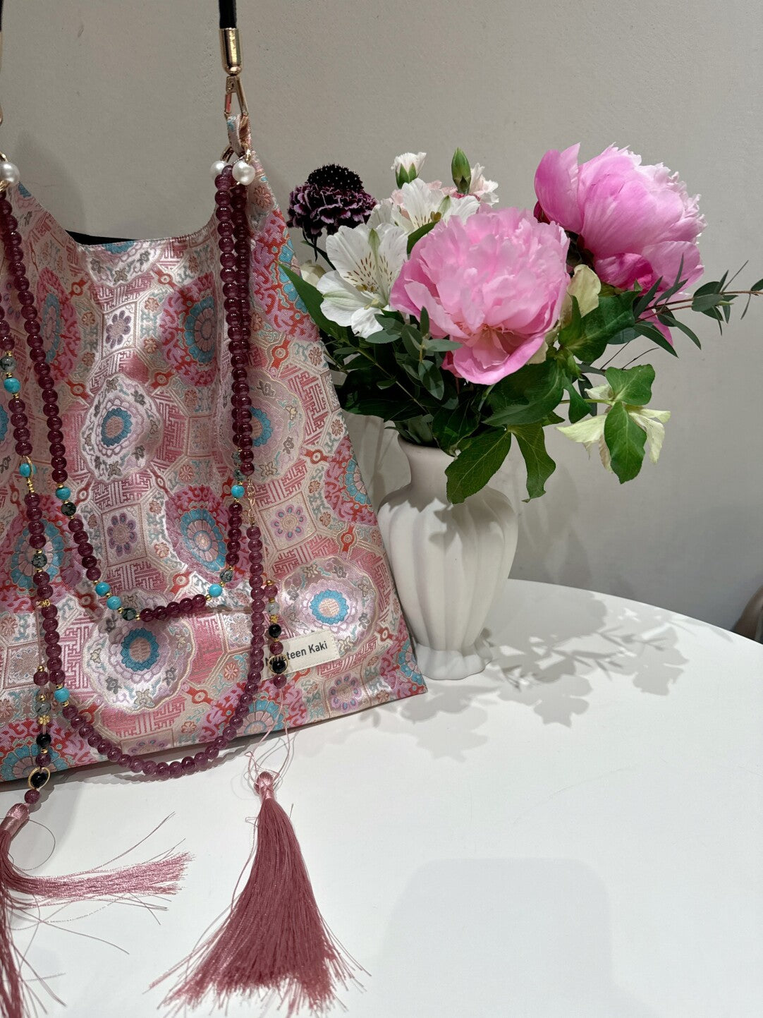 [Chinoiserie]Luxury Pink Beaded Tassel Silk Bag | Bag | Three Fleas