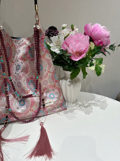 [Chinoiserie]Luxury Pink Beaded Tassel Silk Bag | Bag | Three Fleas