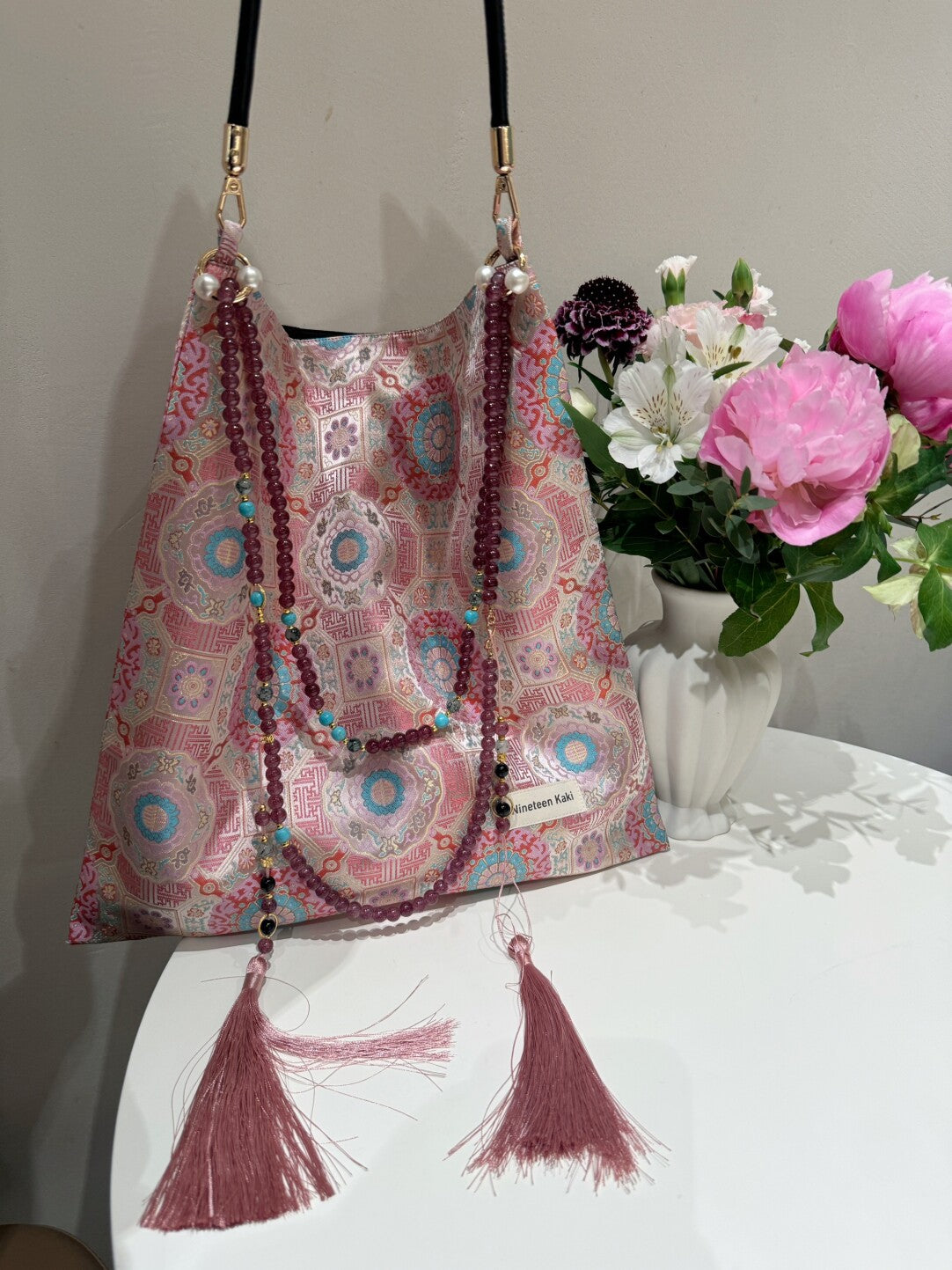 [Chinoiserie]Luxury Pink Beaded Tassel Silk Bag | Bag | Three Fleas