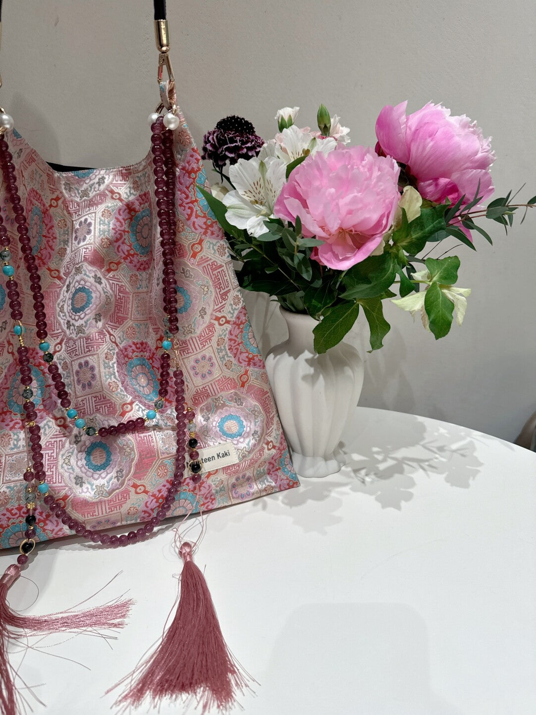 [Chinoiserie]Luxury Pink Beaded Tassel Silk Bag | Bag | Three Fleas
