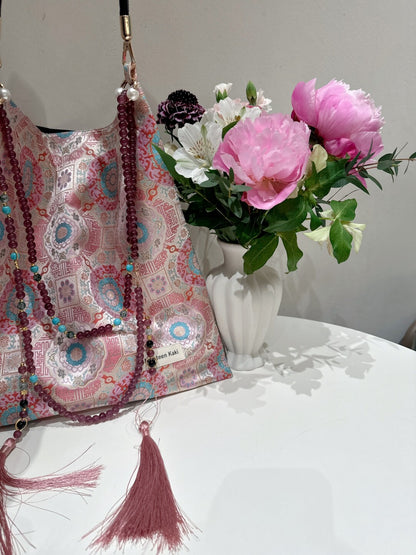 [Chinoiserie]Luxury Pink Beaded Tassel Silk Bag | Bag | Three Fleas