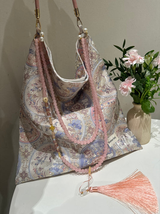 [Chinoiserie] Luxury Pink Crane Beaded Tassel Silk Bag
