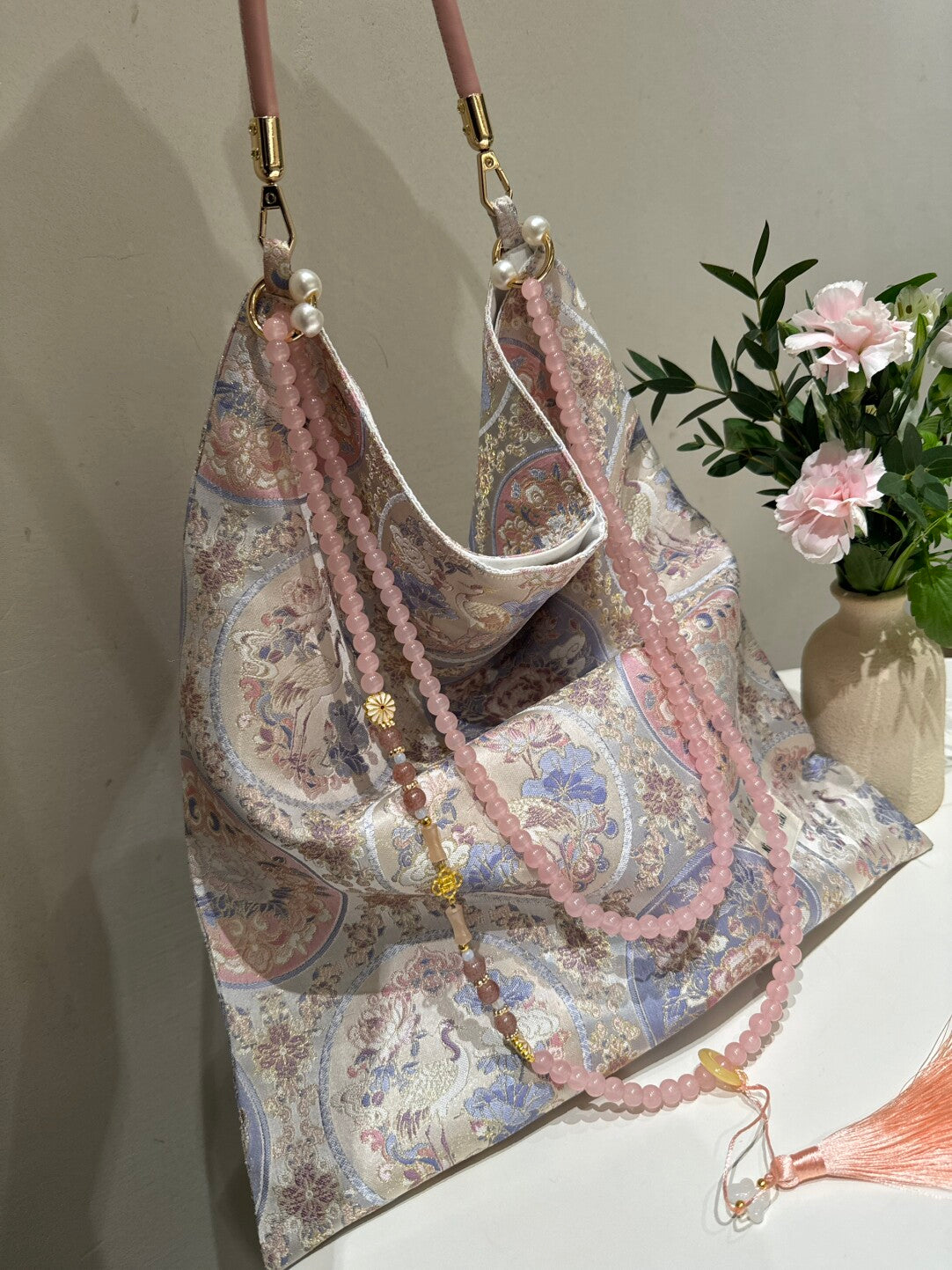 [Chinoiserie] Luxury Pink Crane Beaded Tassel Silk Bag | Bag | Three Fleas