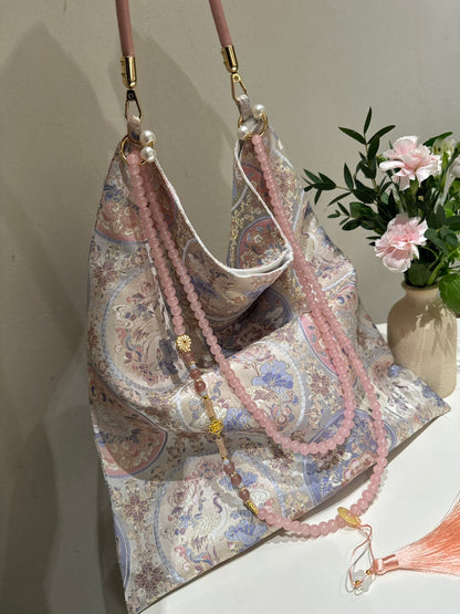 [Chinoiserie] Luxury Pink Crane Beaded Tassel Silk Bag | Bag | Three Fleas