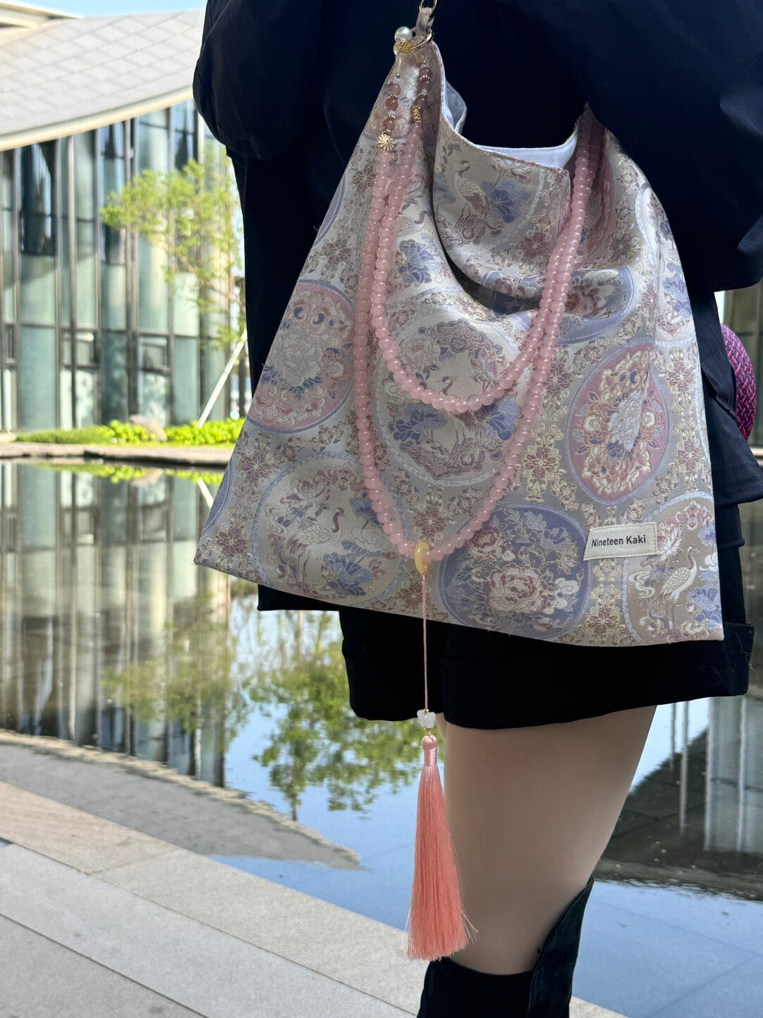 [Chinoiserie] Luxury Pink Crane Beaded Tassel Silk Bag | Bag | Three Fleas