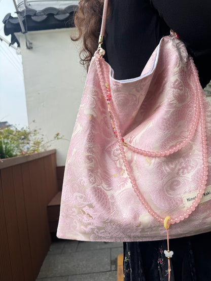 [Chinoiserie] Luxury Pink Dragon Pattern Beads Tassel Silk Bag
