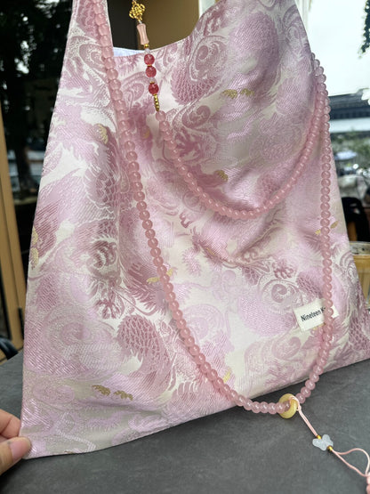 [Chinoiserie] Luxury Pink Dragon Pattern Beads Tassel Silk Bag