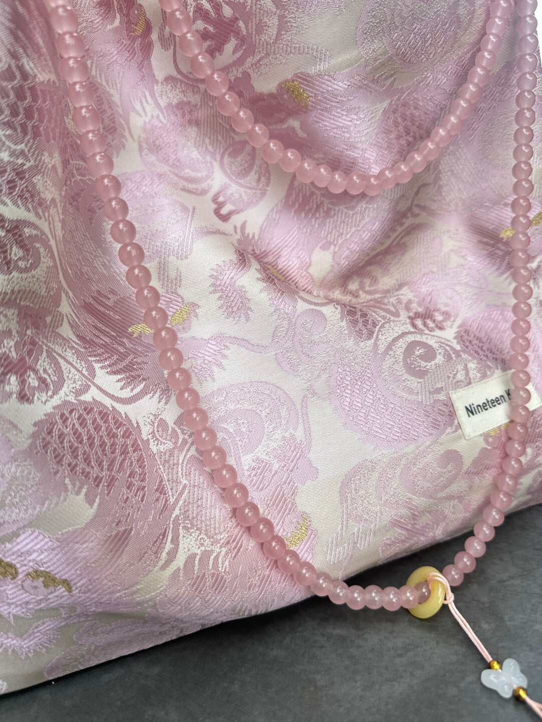 [Chinoiserie] Luxury Pink Dragon Pattern Beads Tassel Silk Bag