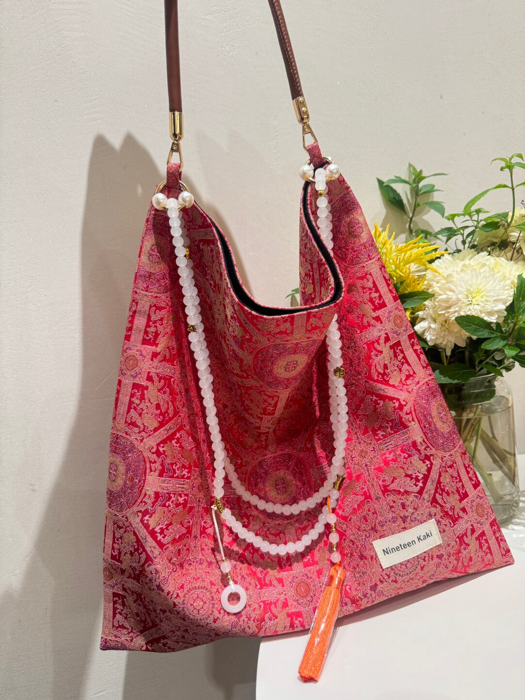 [Chinoiserie] Luxury Red Lucky Pattern Beads Tassel Silk Bag