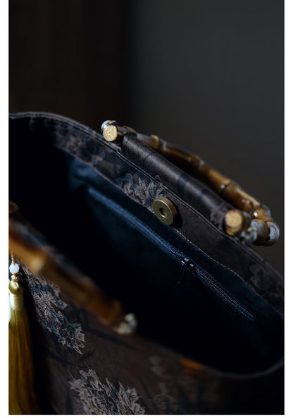 [Chinoiserie] Luxury Silk Bamboo Handle Tassel Handbag | Bag | Three Fleas