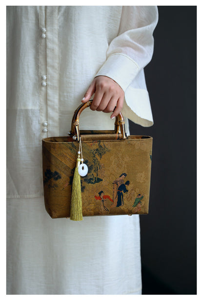 [Chinoiserie] Luxury Silk Bamboo Handle Tassel Handbag | Bag | Three Fleas
