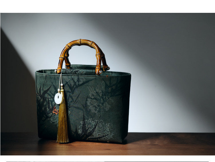 [Chinoiserie] Luxury Silk Bamboo Handle Tassel Handbag | Bag | Three Fleas