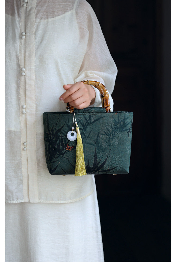 [Chinoiserie] Luxury Silk Bamboo Handle Tassel Handbag | Bag | Three Fleas