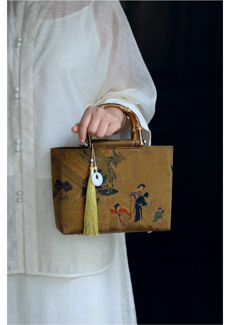 [Chinoiserie] Luxury Silk Bamboo Handle Tassel Handbag | Bag | Three Fleas
