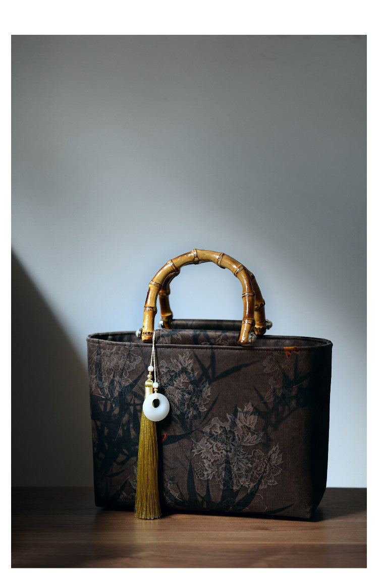 [Chinoiserie] Luxury Silk Bamboo Handle Tassel Handbag | Bag | Three Fleas