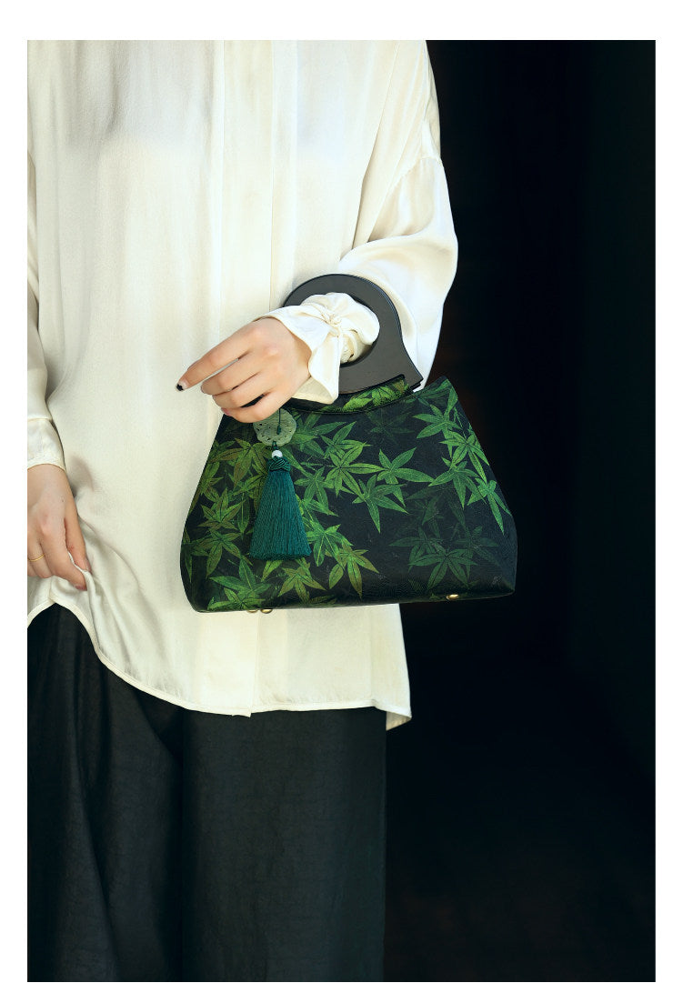 [Chinoiserie] Luxury Silk Wooden Handle Tassel Handbag | Bag | Three Fleas