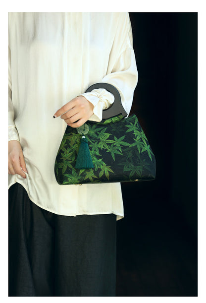 [Chinoiserie] Luxury Silk Wooden Handle Tassel Handbag | Bag | Three Fleas