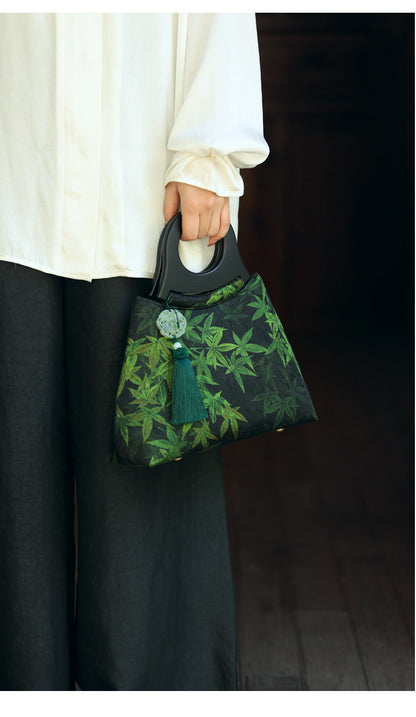 [Chinoiserie] Luxury Silk Wooden Handle Tassel Handbag | Bag | Three Fleas