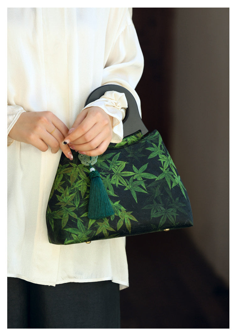 [Chinoiserie] Luxury Silk Wooden Handle Tassel Handbag | Bag | Three Fleas