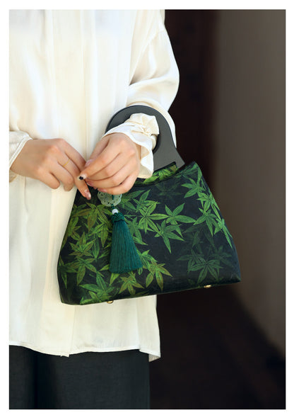 [Chinoiserie] Luxury Silk Wooden Handle Tassel Handbag | Bag | Three Fleas