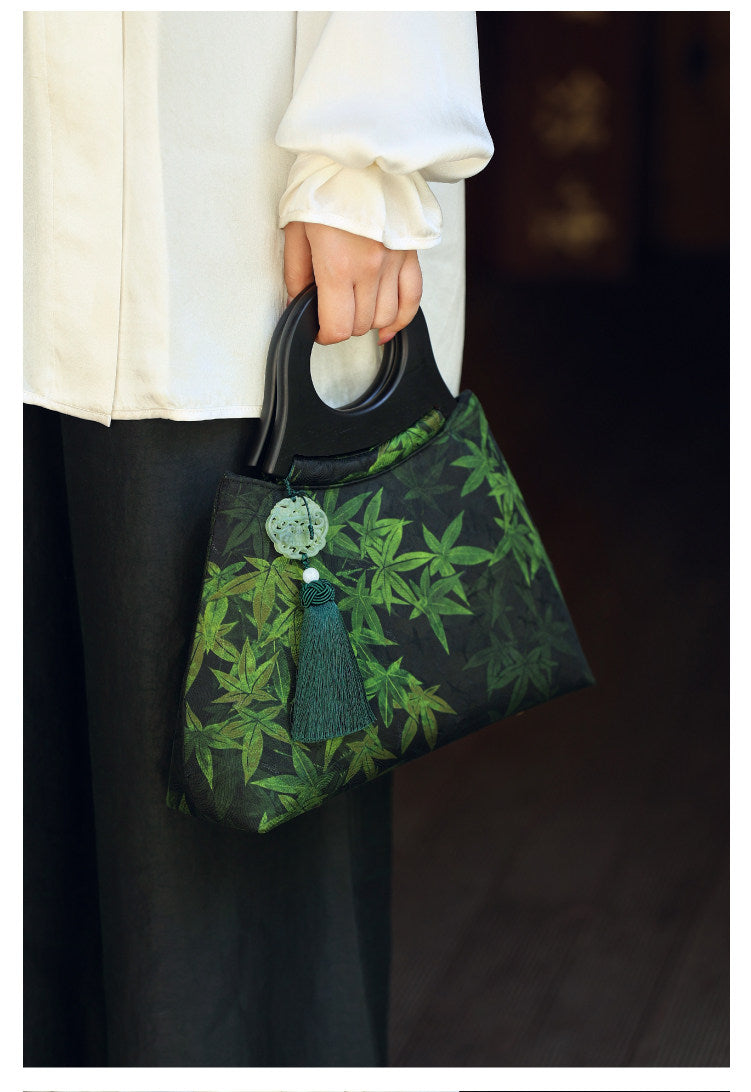 [Chinoiserie] Luxury Silk Wooden Handle Tassel Handbag | Bag | Three Fleas