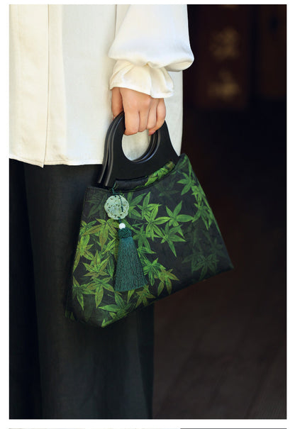 [Chinoiserie] Luxury Silk Wooden Handle Tassel Handbag | Bag | Three Fleas