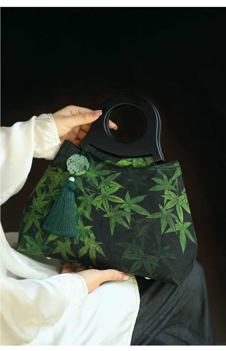 [Chinoiserie] Luxury Silk Wooden Handle Tassel Handbag | Bag | Three Fleas