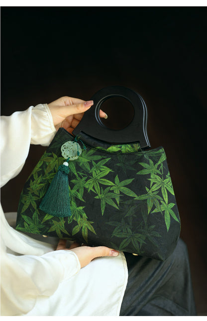 [Chinoiserie] Luxury Silk Wooden Handle Tassel Handbag | Bag | Three Fleas