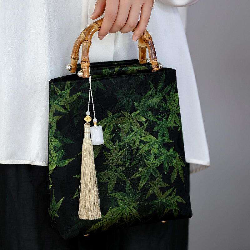 [Chinoiserie] Maple Leaf Printed Silk Handbag