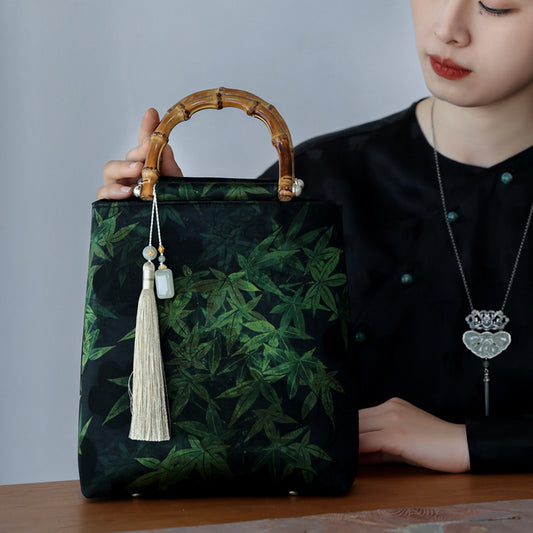 [Chinoiserie] Maple Leaf Printed Silk Handbag