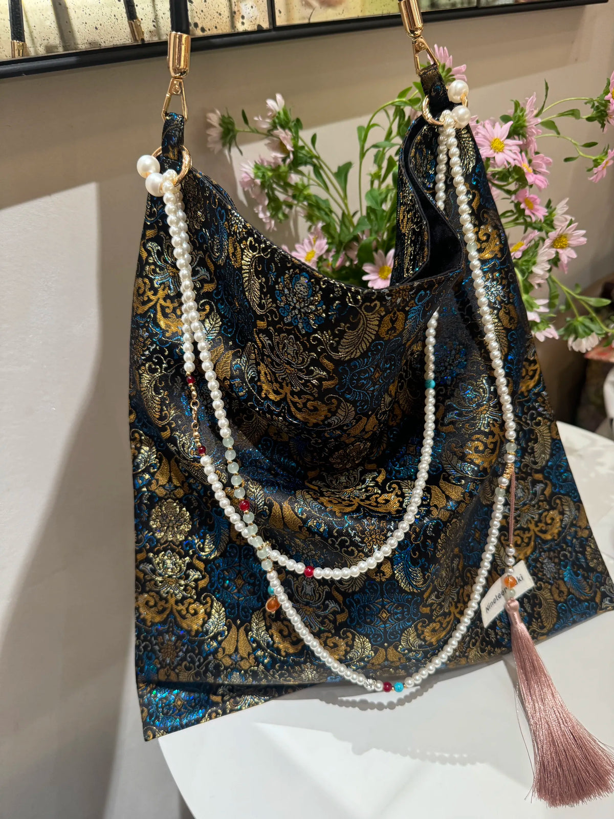 [Chinoiserie] Metallic Blue Golden Beaded Tassel Silk Bag | Bag | Three Fleas