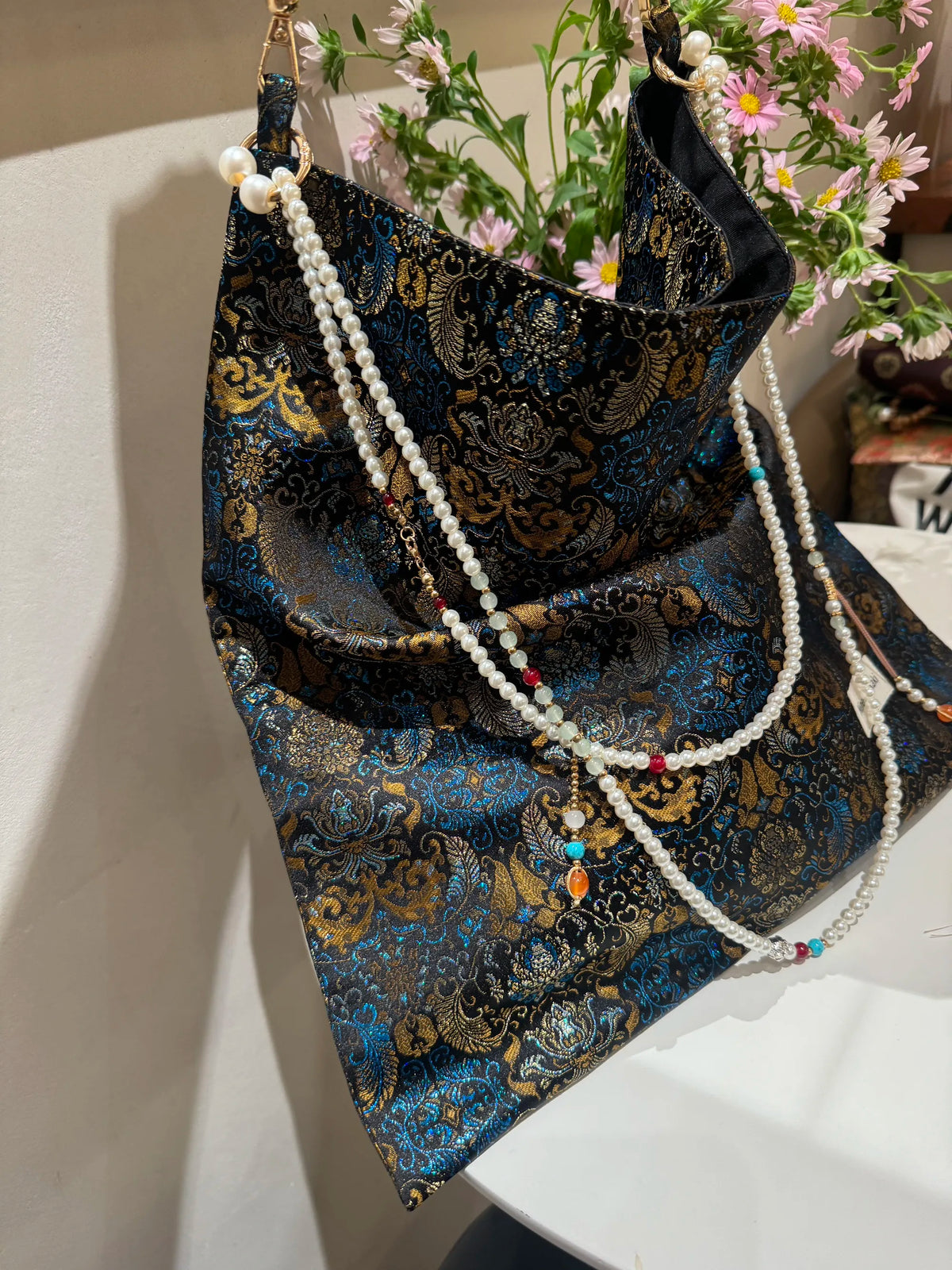 [Chinoiserie] Metallic Blue Golden Beaded Tassel Silk Bag | Bag | Three Fleas