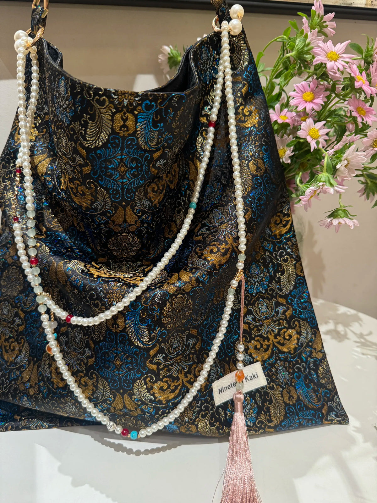 [Chinoiserie] Metallic Blue Golden Beaded Tassel Silk Bag | Bag | Three Fleas
