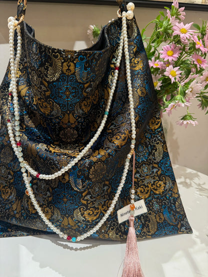 [Chinoiserie] Metallic Blue Golden Beaded Tassel Silk Bag | Bag | Three Fleas