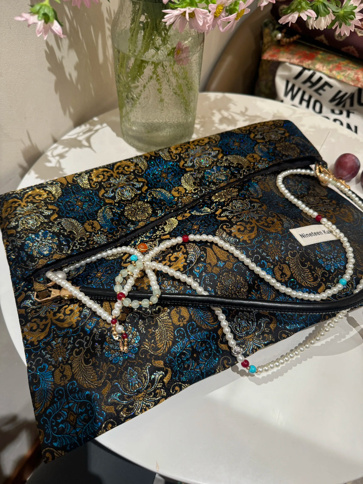 [Chinoiserie] Metallic Blue Golden Beaded Tassel Silk Bag | Bag | Three Fleas
