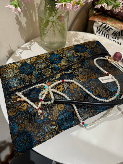 [Chinoiserie] Metallic Blue Golden Beaded Tassel Silk Bag | Bag | Three Fleas
