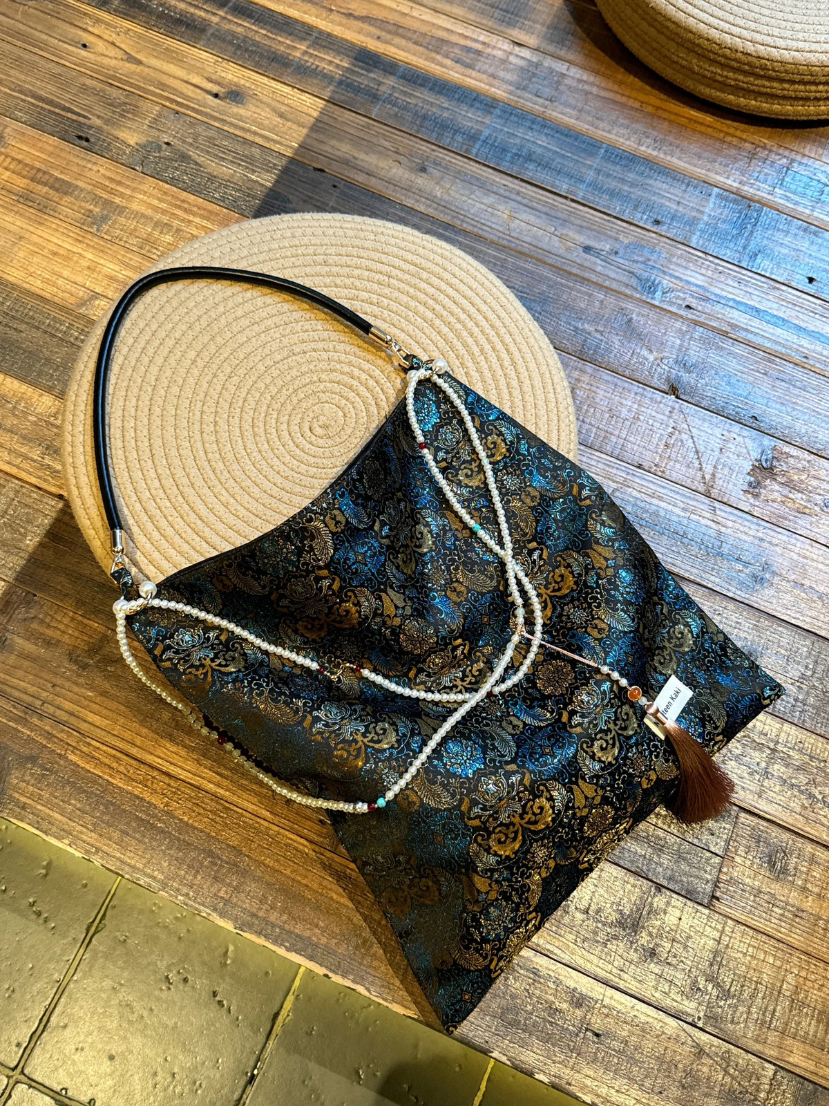 [Chinoiserie] Metallic Blue Golden Beaded Tassel Silk Bag | Bag | Three Fleas