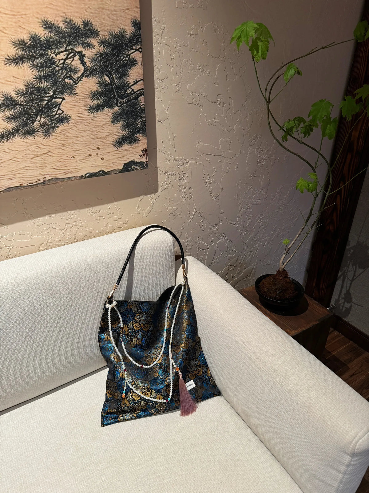 [Chinoiserie] Metallic Blue Golden Beaded Tassel Silk Bag | Bag | Three Fleas