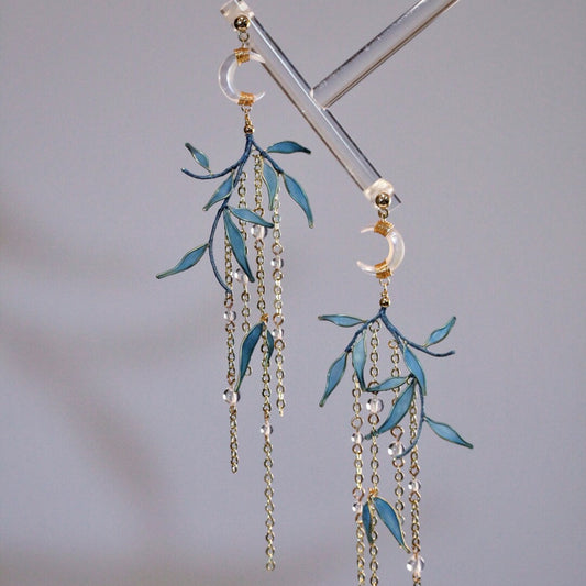 「 Chinoiserie」Moonlit Bamboo Leaf Tassel Earrings