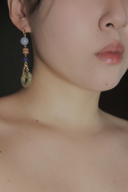 「Chinoiserie」Natural Jade Asymmetric Dangle Earrings