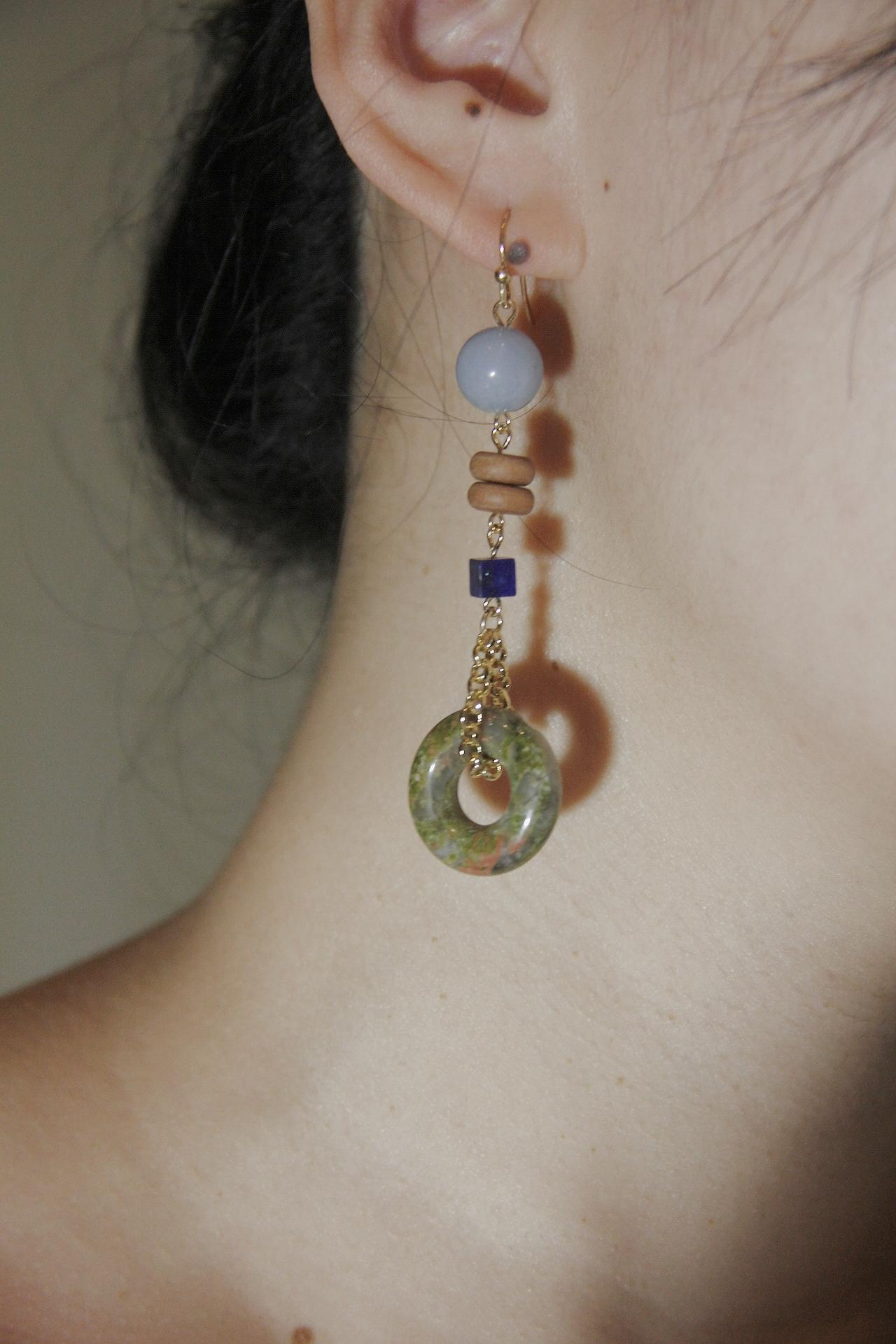 「Chinoiserie」Natural Jade Asymmetric Dangle Earrings