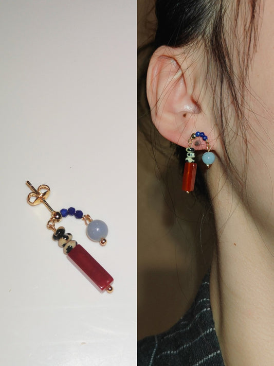 「Chinoiserie」Natural Jade Asymmetric Red Earrings