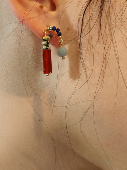 「Chinoiserie」Natural Jade Asymmetric Red Earrings