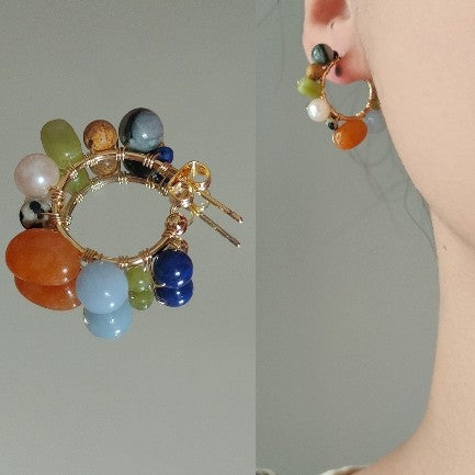 「Chinoiserie」Natural Jade Colorful Hoop Earrings