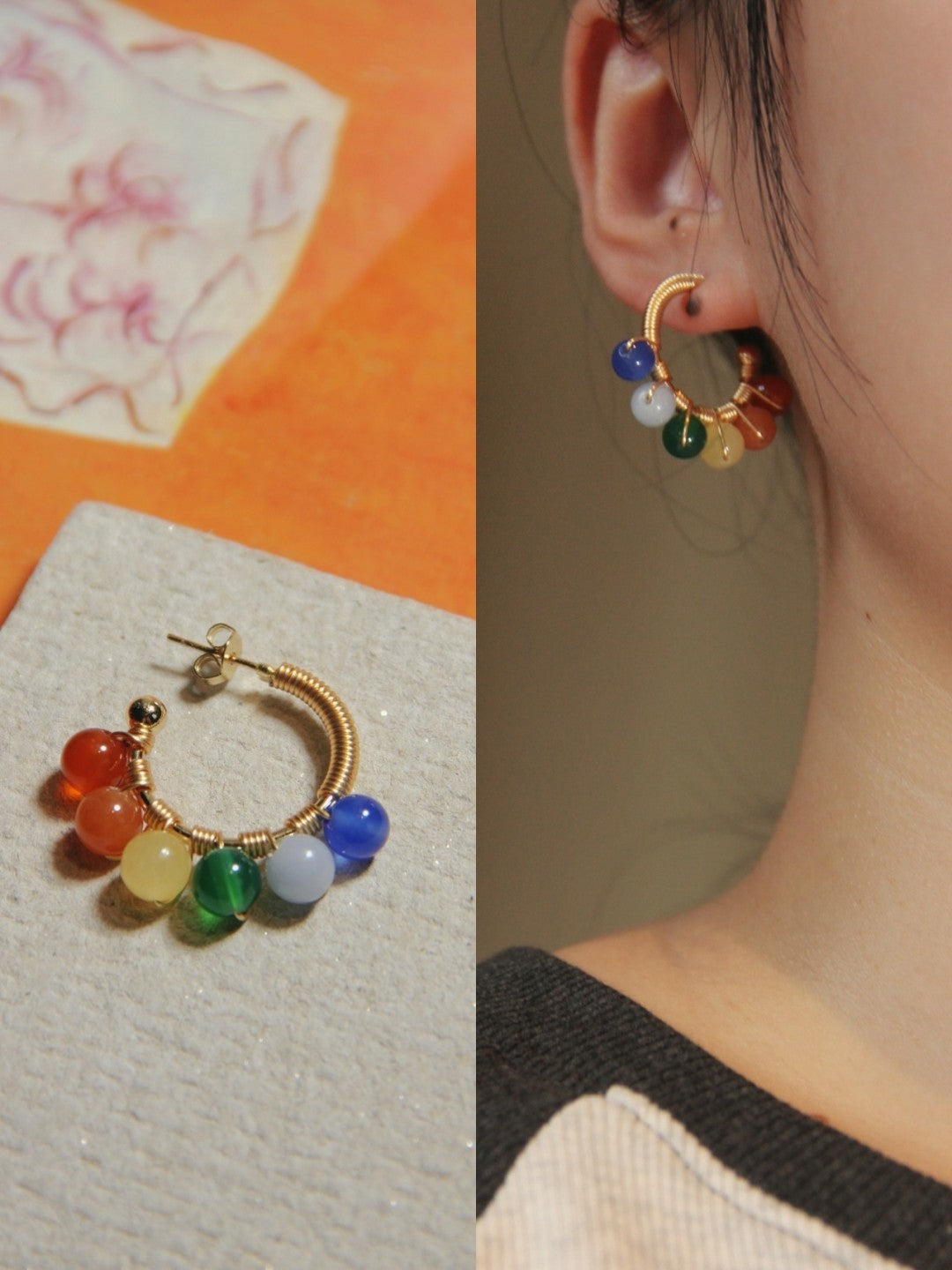 「Chinoiserie」Natural Jade Colorful Hoop Earrings