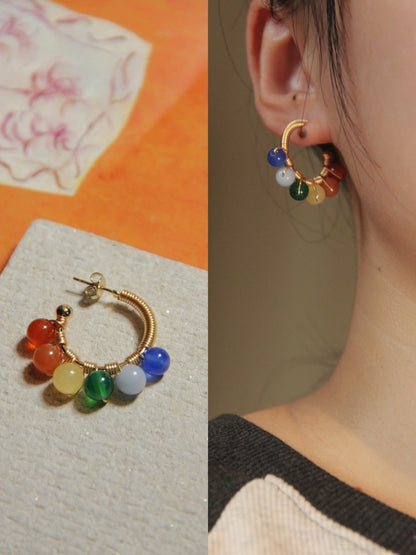 「Chinoiserie」Natural Jade Colorful Hoop Earrings