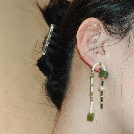 「Chinoiserie」Natural Jade Green Beaded Earrings