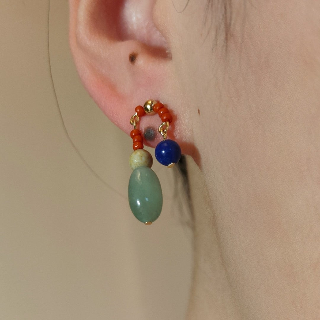 「Chinoiserie」Natural Jade Lazuli Dangle Earrings