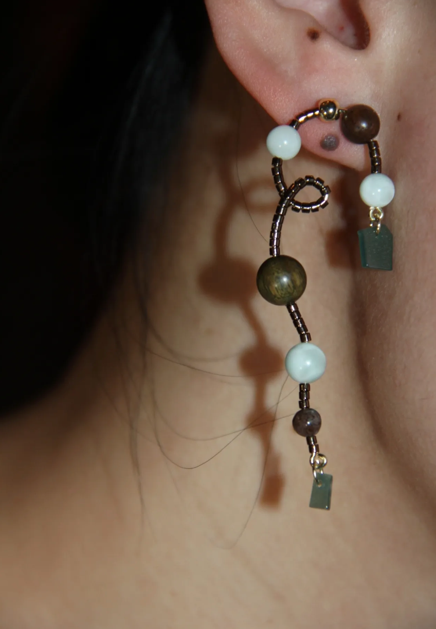 「Chinoiserie」Natural Jade Vine Beaded Earrings